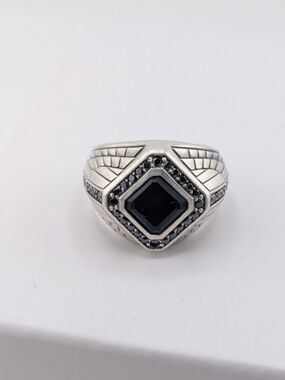 David Yurman Sterling Silver Empire Signet Ring with Black Onyx & Black Diamos
